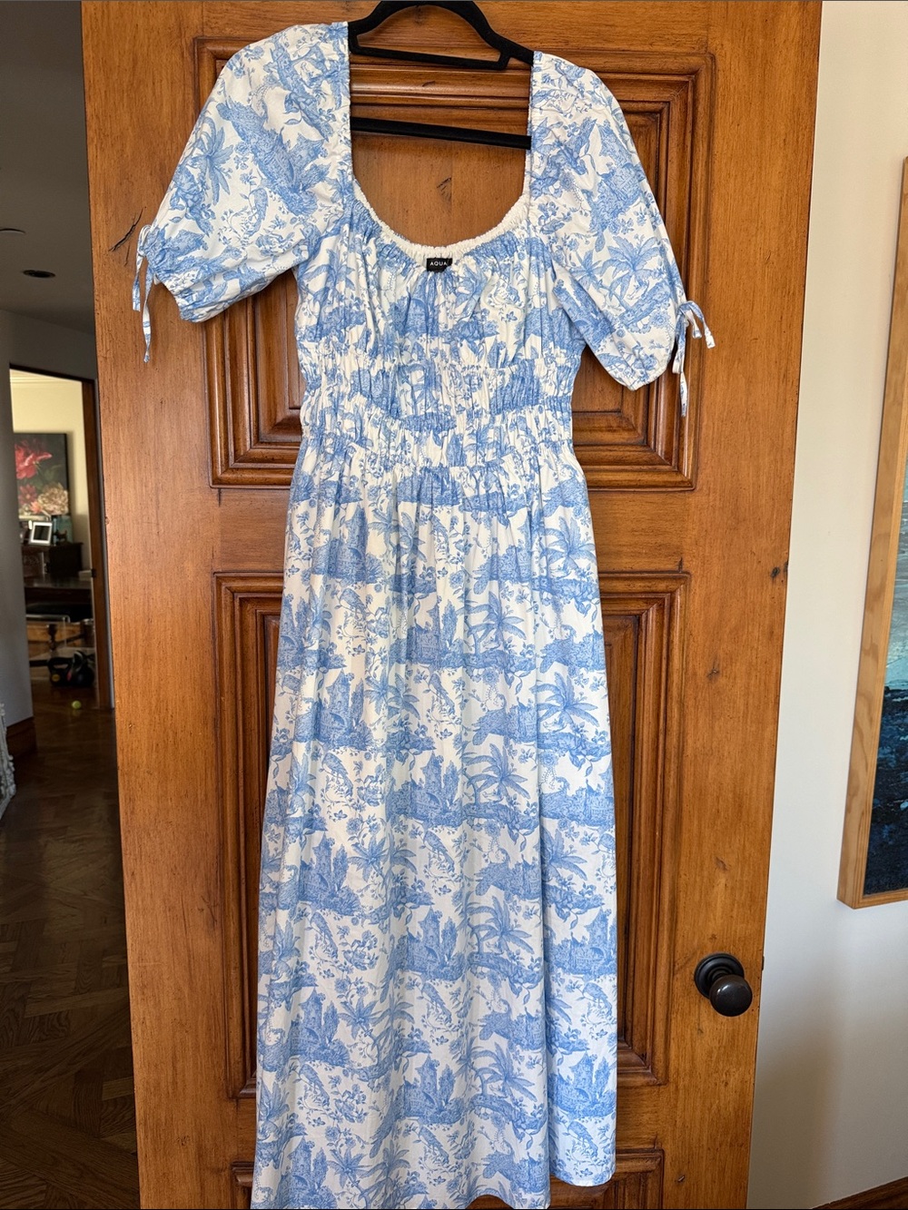 Aqua Blue and White Toile Maxi Dress with Puff Sleeves